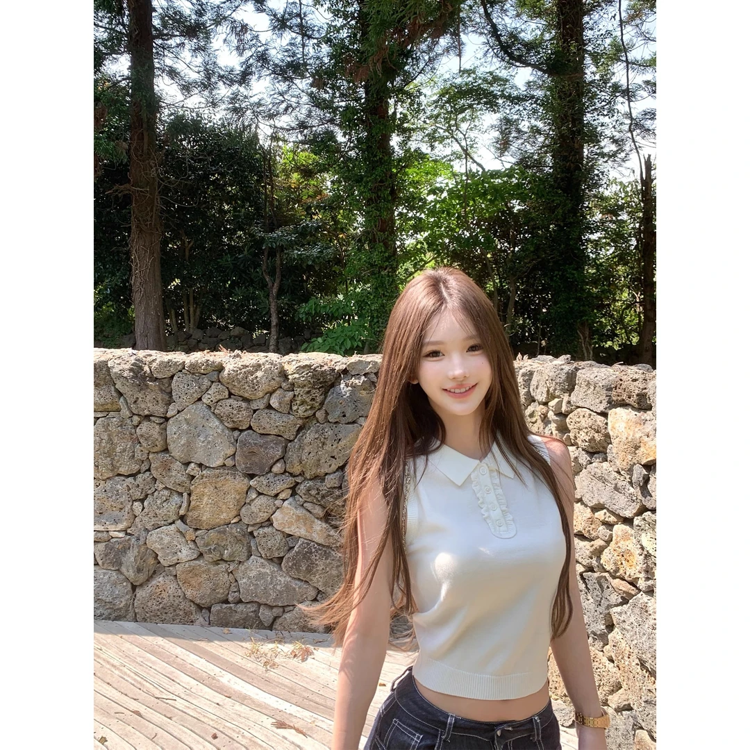 纯欲辣妹polo领针织衫无袖背心女设计高级感小众短款白色上衣夏季