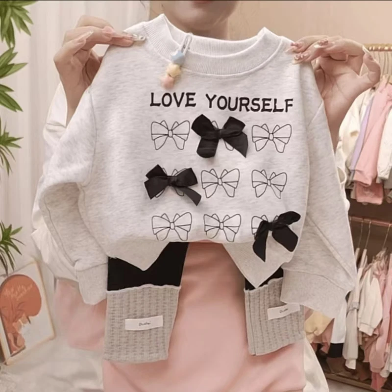 【新品上市】2025春秋款新款女童时尚洋气蝴蝶结圆领长袖卫衣套装