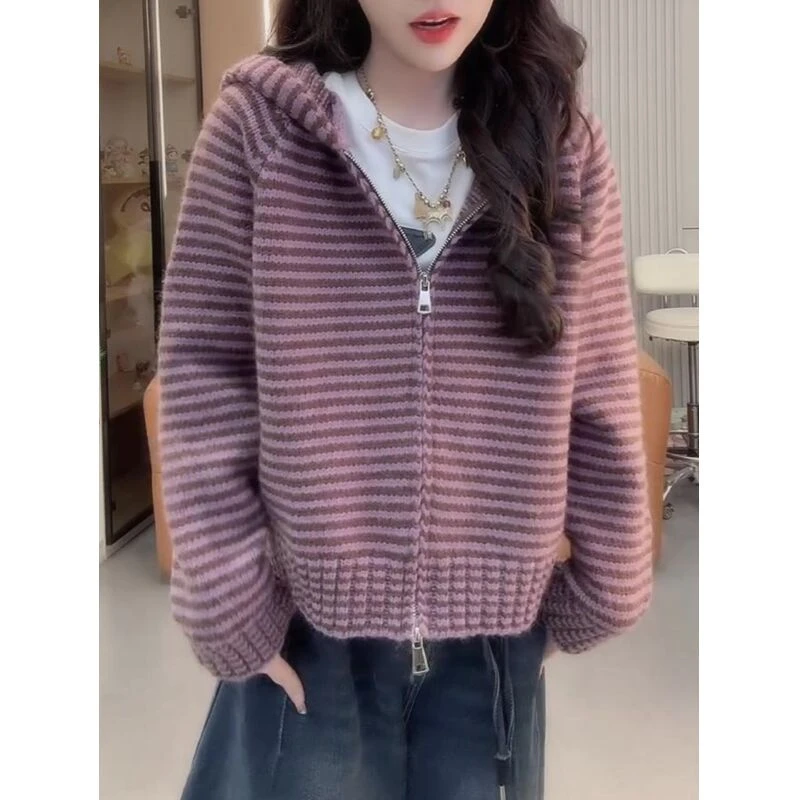 慵懒感紫色条纹针织毛衣女百搭宽松显瘦甜美温柔气质早秋新款2025