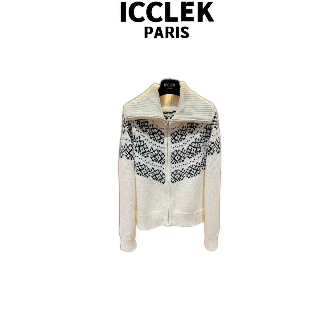 ICCLEK 秋冬设计师款白色翻领拉链长袖针织开衫上衣 - 9293
