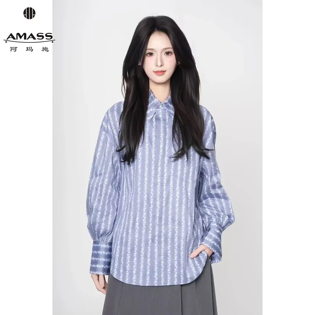 AMASS/阿玛施新款复古印花条纹时尚休闲翻领单排扣衬衫上衣530052