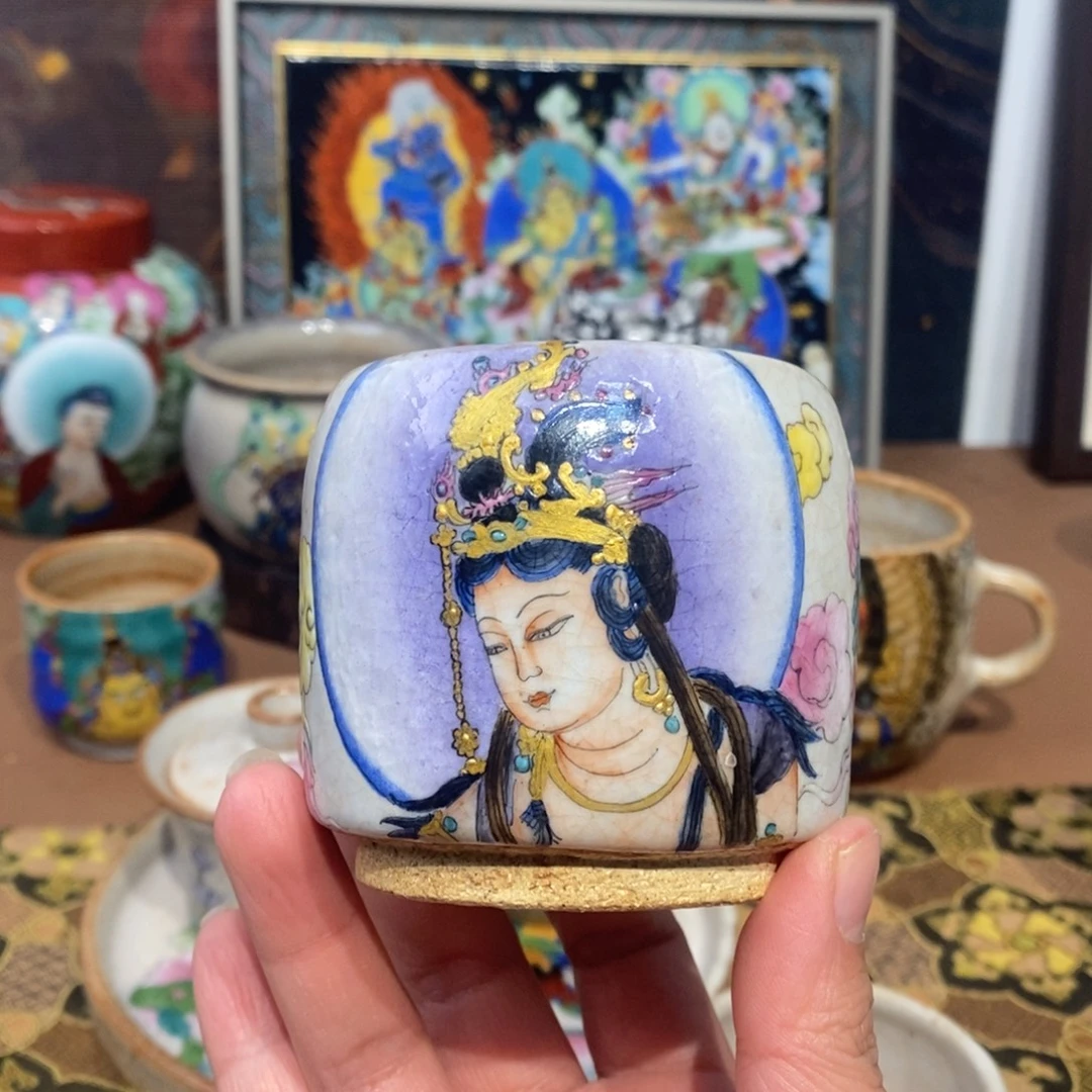 手工手绘水月观音茶杯