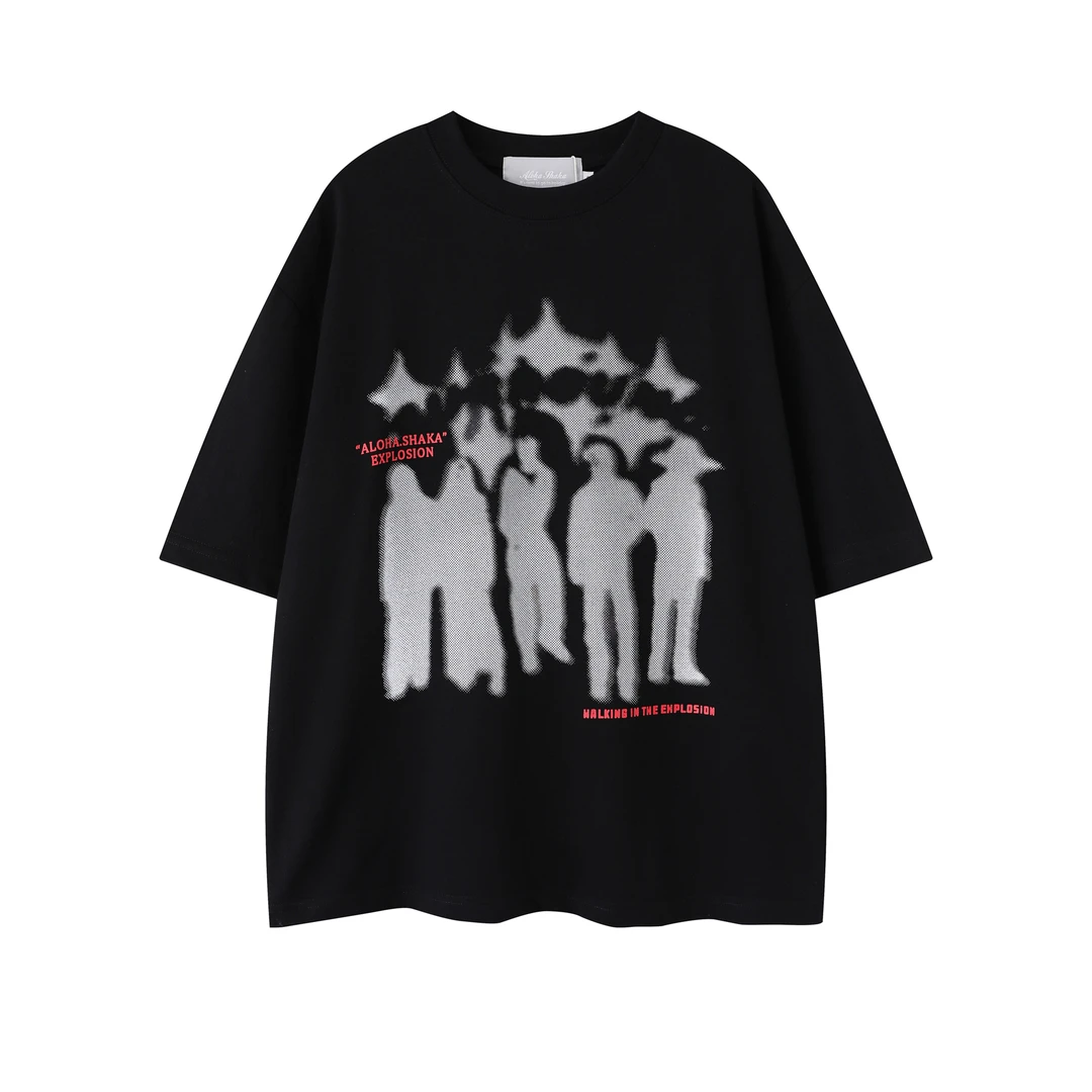 青少年夏季国潮牌新款男女情侣休闲美式复古模糊人物印花短袖T恤