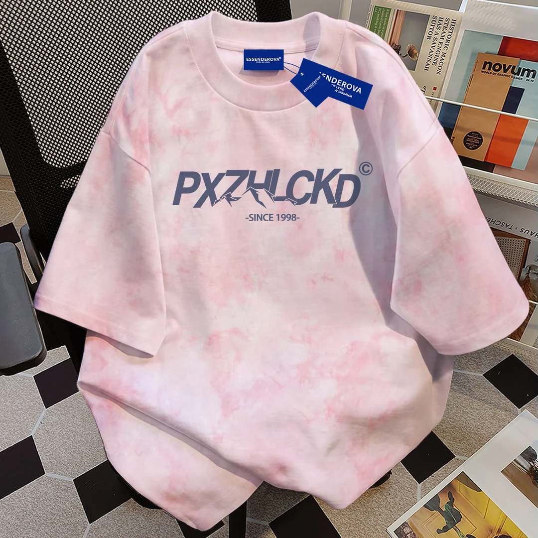 100%纯棉小众国潮扎染短袖t恤男女夏季爆款宽松中长款学生上衣服