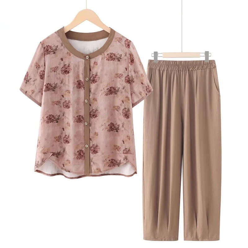 奶奶装夏装套装中老年人妈妈夏季短袖新款老人宽松大码衣服两件套