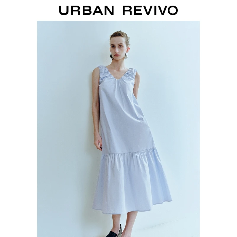 UR2025秋季新款女装度假风多巴胺褶皱V领长裙连衣裙UWM750115