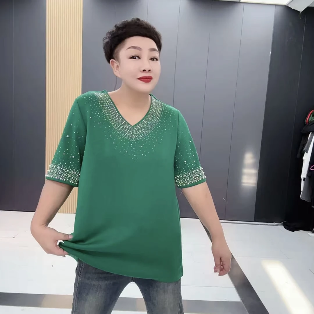 1672*大码时尚百搭V领钻宽松套头洋气减龄分袖上衣