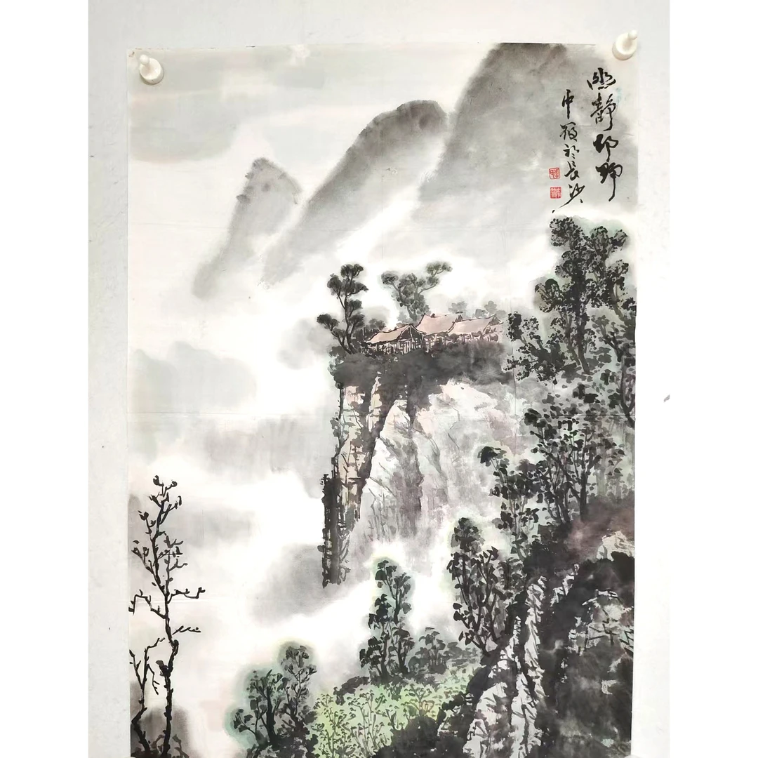 4248 纯手绘老字画《幽静村野》中堂  尺寸 100×69