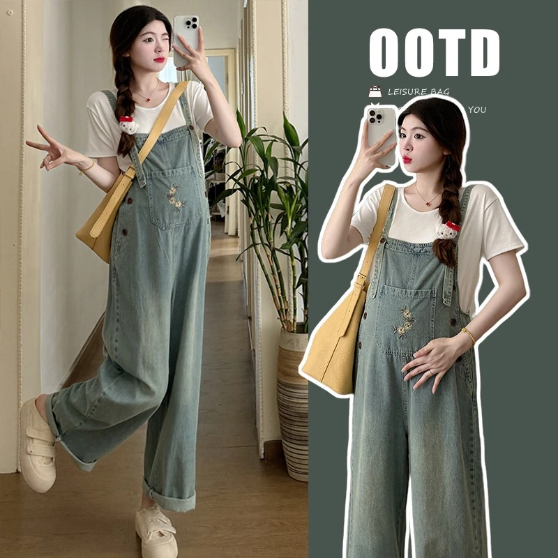 【喵喵严选】2025孕妇装夏季新款韩版休闲工装牛仔背带裤孕妇套装