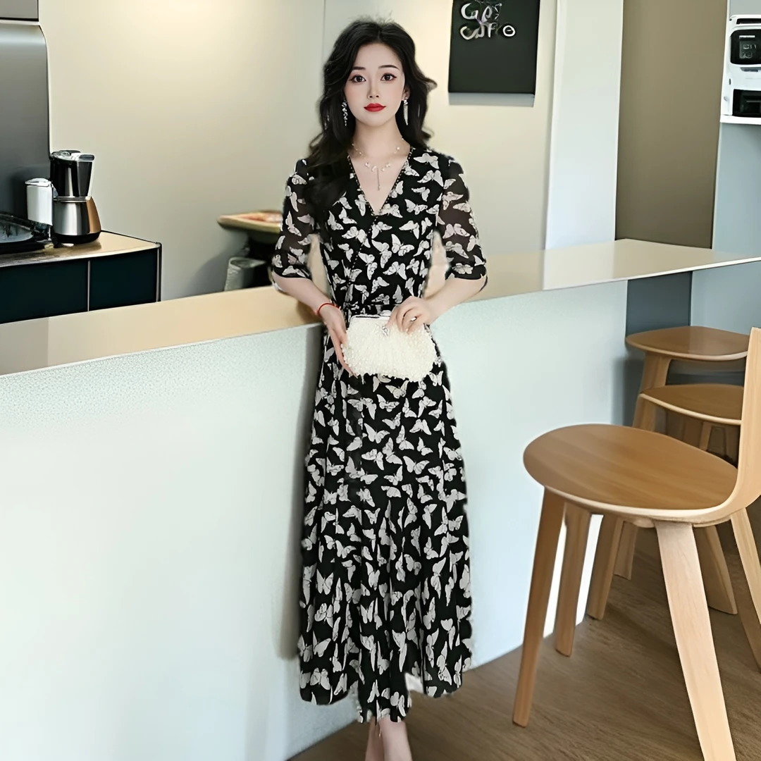 【丹莱姿定制】黑色碎花连衣裙2025年夏季新款复古气质显瘦a字裙子