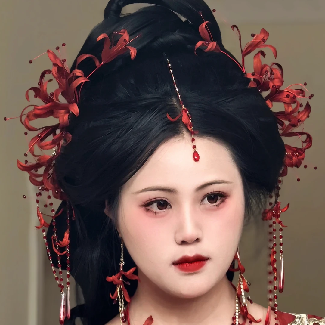 原创(曼珠沙华)彼岸花发饰汉服古风发饰发夹软簪璎珞单品套装链接
