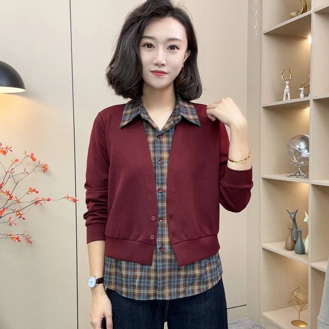 秋季新品洋气显瘦假两件拼接设计感减龄格子长袖衬衫-399