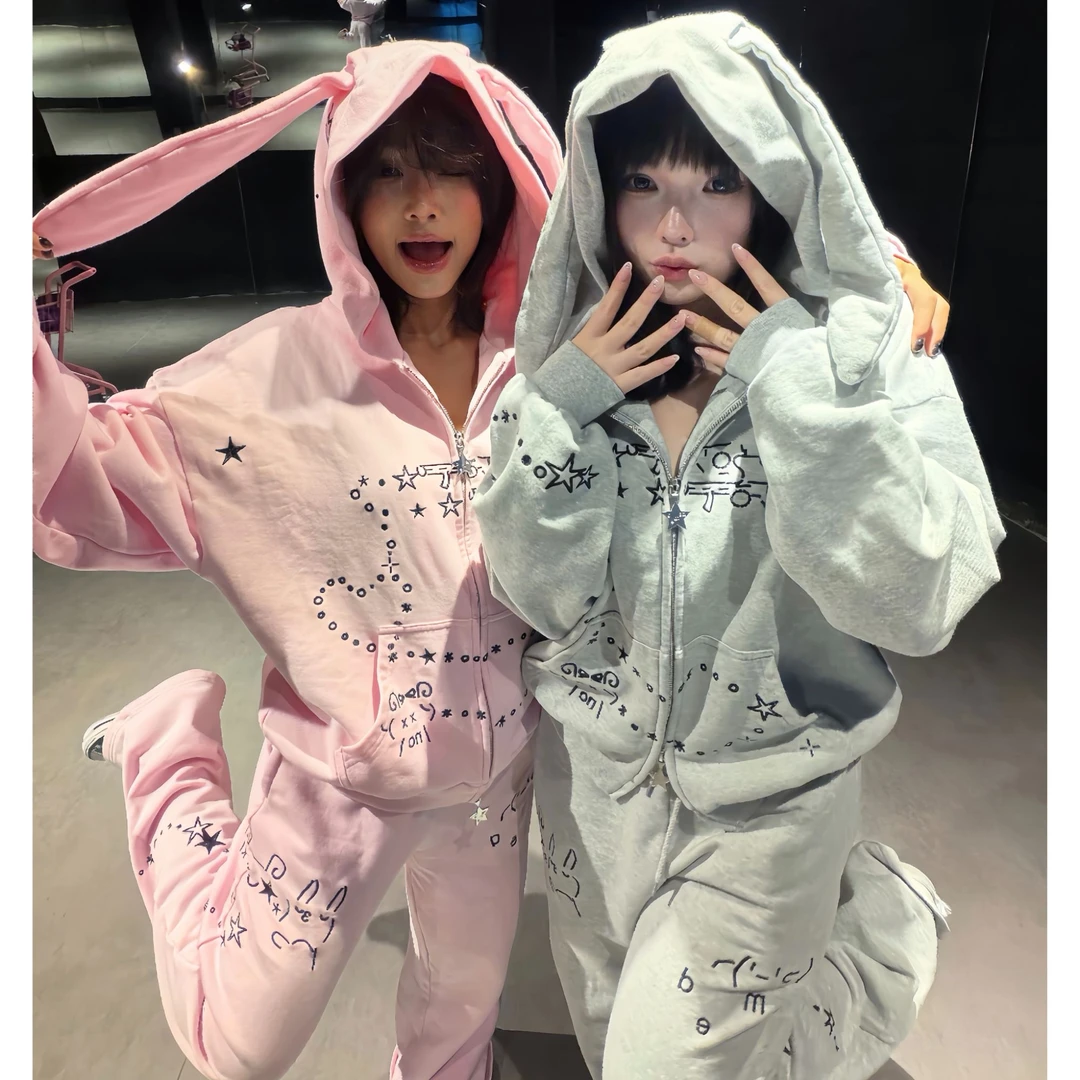 TTWOLVES 原创 兔子可爱卫衣卫裤套装保暖拉链刺绣加绒连帽外套X1