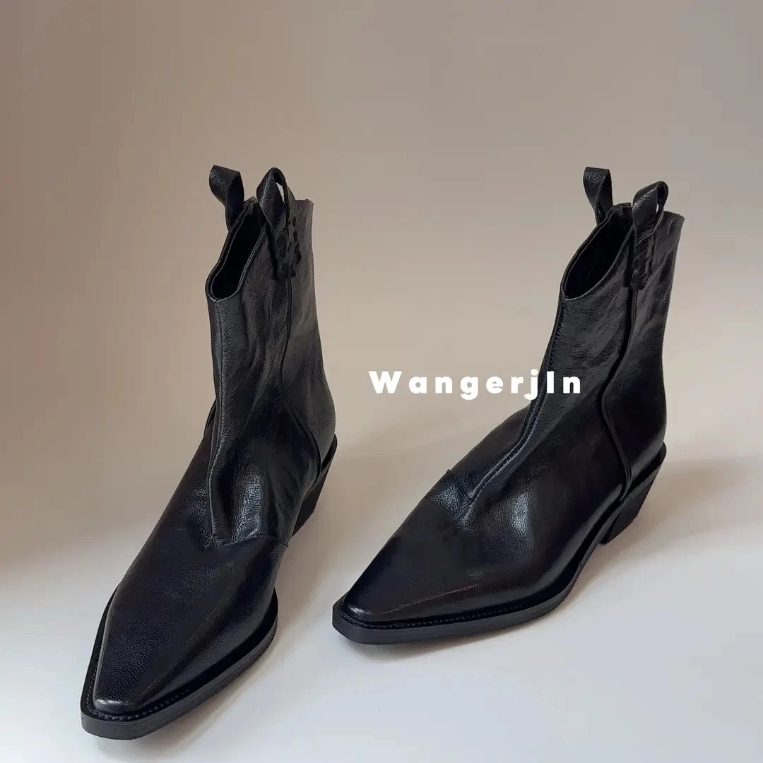 【王二今】羊皮/5CM/时髦尖头粗跟显瘦重工艺手抓纹西部靴中筒短靴