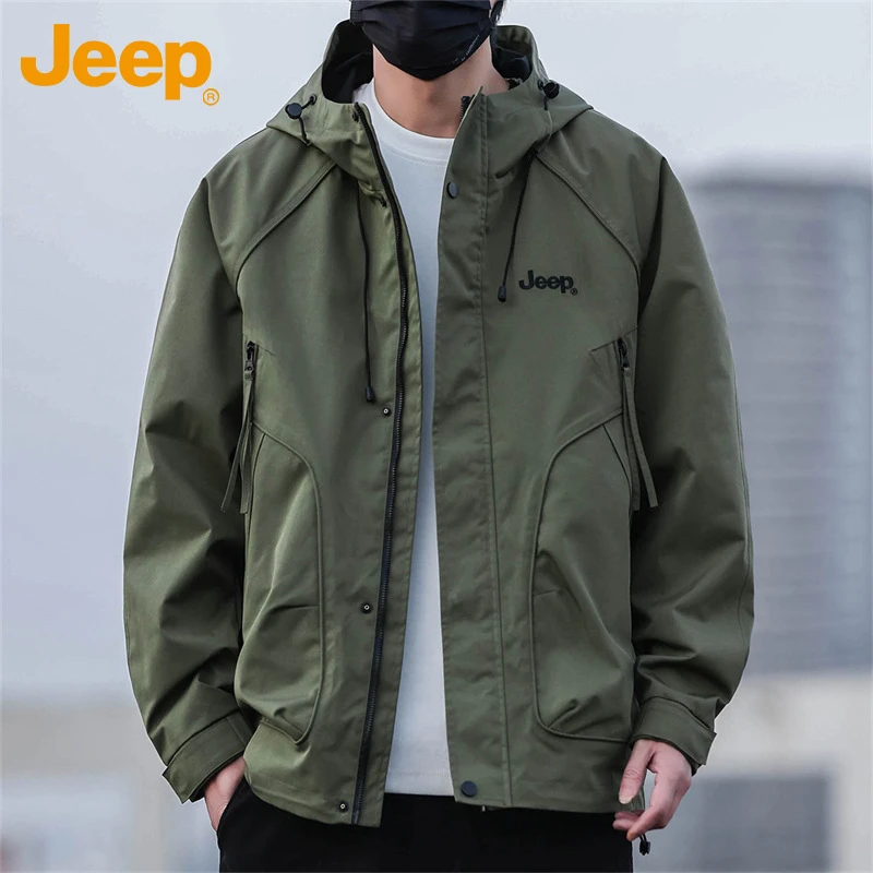 Jeep吉普男士夹克春秋季新款休闲连帽宽松防风外套纯色百搭潮流男