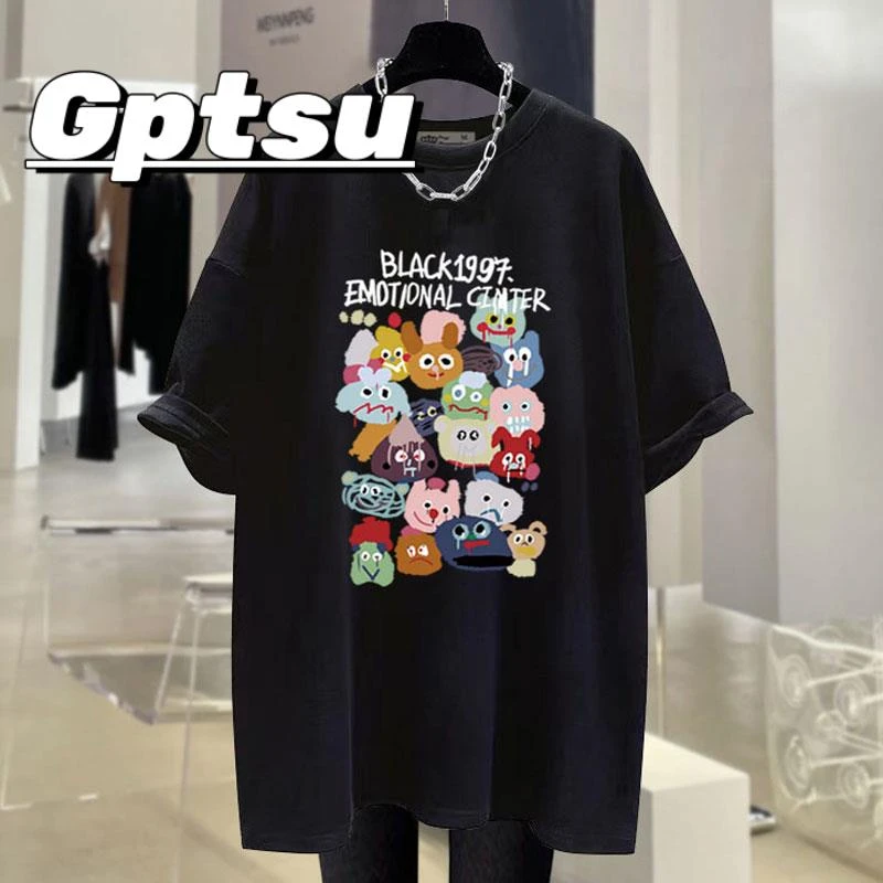 GPTSu2025新款夏季美式复古涂鸦卡通大版宽松黑色短袖T恤衫中长款