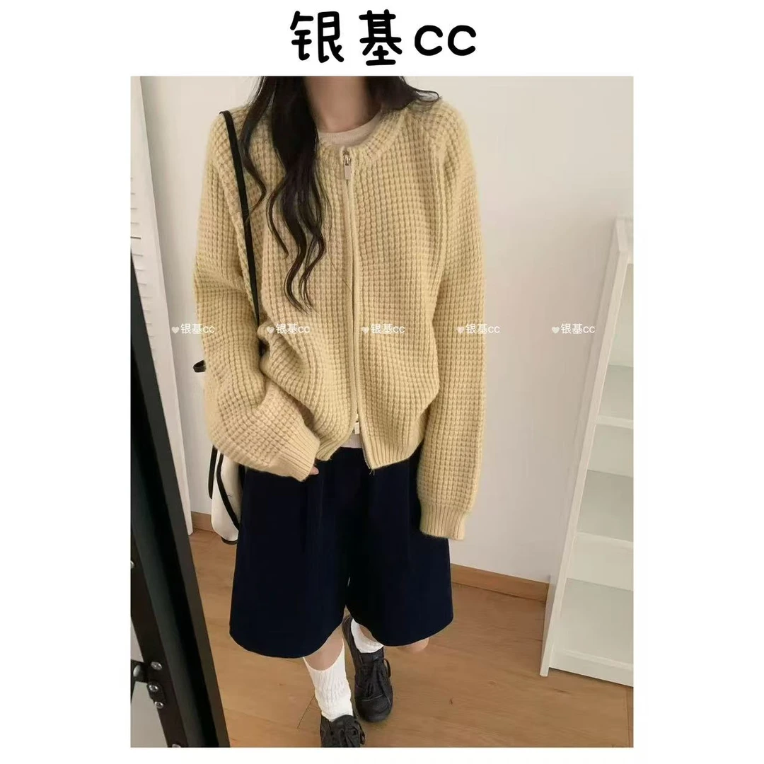 CC.studio韩系华夫格双拉链毛衣外套