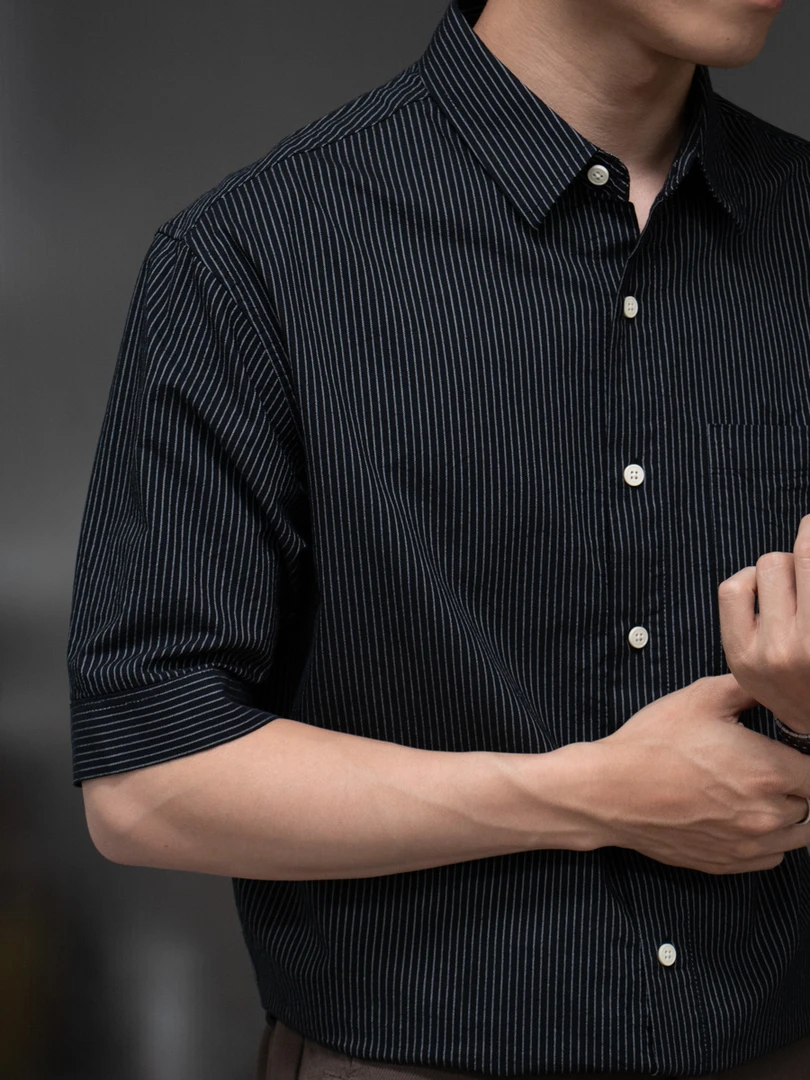 ZK 【垂云】纯棉细条纹日系复古口袋夏季工装休闲短袖衬衫上衣