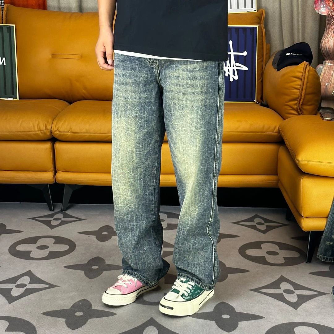 秋冬季新款潮牌美式高街休闲裂纹印花个性痞帅宽松直筒牛仔裤男款
