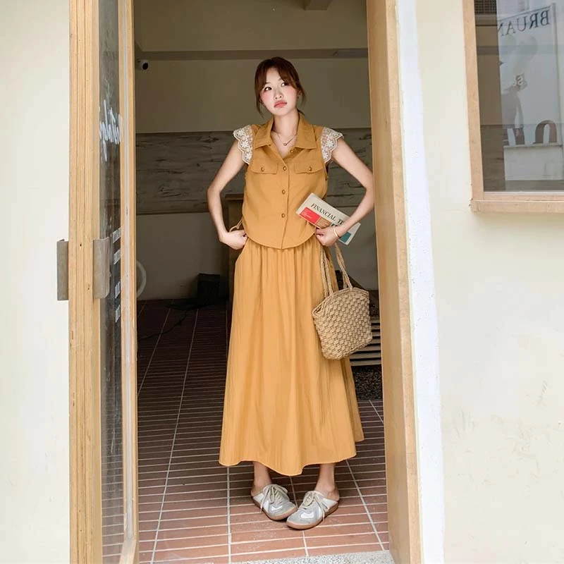 【两件套】小香风花边橘色衬衫半身裙夏季爆款甜美俏皮两件套D2564