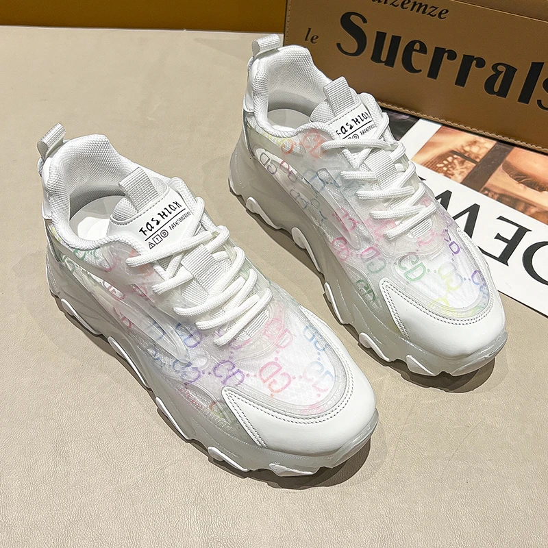 网面透气水晶底字母增高休闲鞋女2025年韩版新款浅口系带女鞋