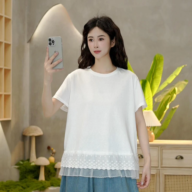 8931 夏新款韩版显瘦圆领蕾丝拼接短袖T恤时尚百搭上衣