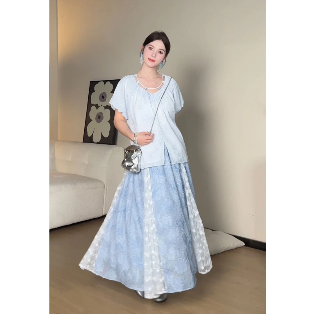 YAMM~法式设计感重工绣花复古花苞袖宽松显瘦衬衫