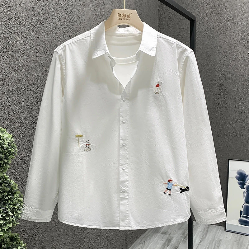 春秋季新款轻奢高级感清新衬衫高品质舒适刺绣休闲百搭纯棉衬衣男