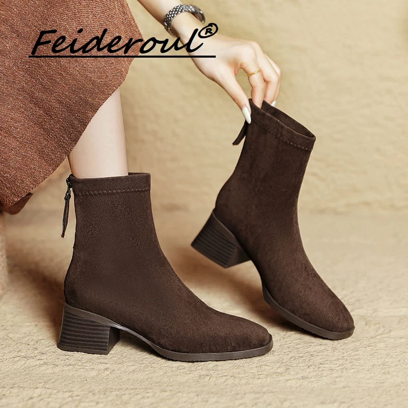 Feideroul方头短靴单靴2025款粗跟中筒黑色靴法式中跟显瘦小短靴