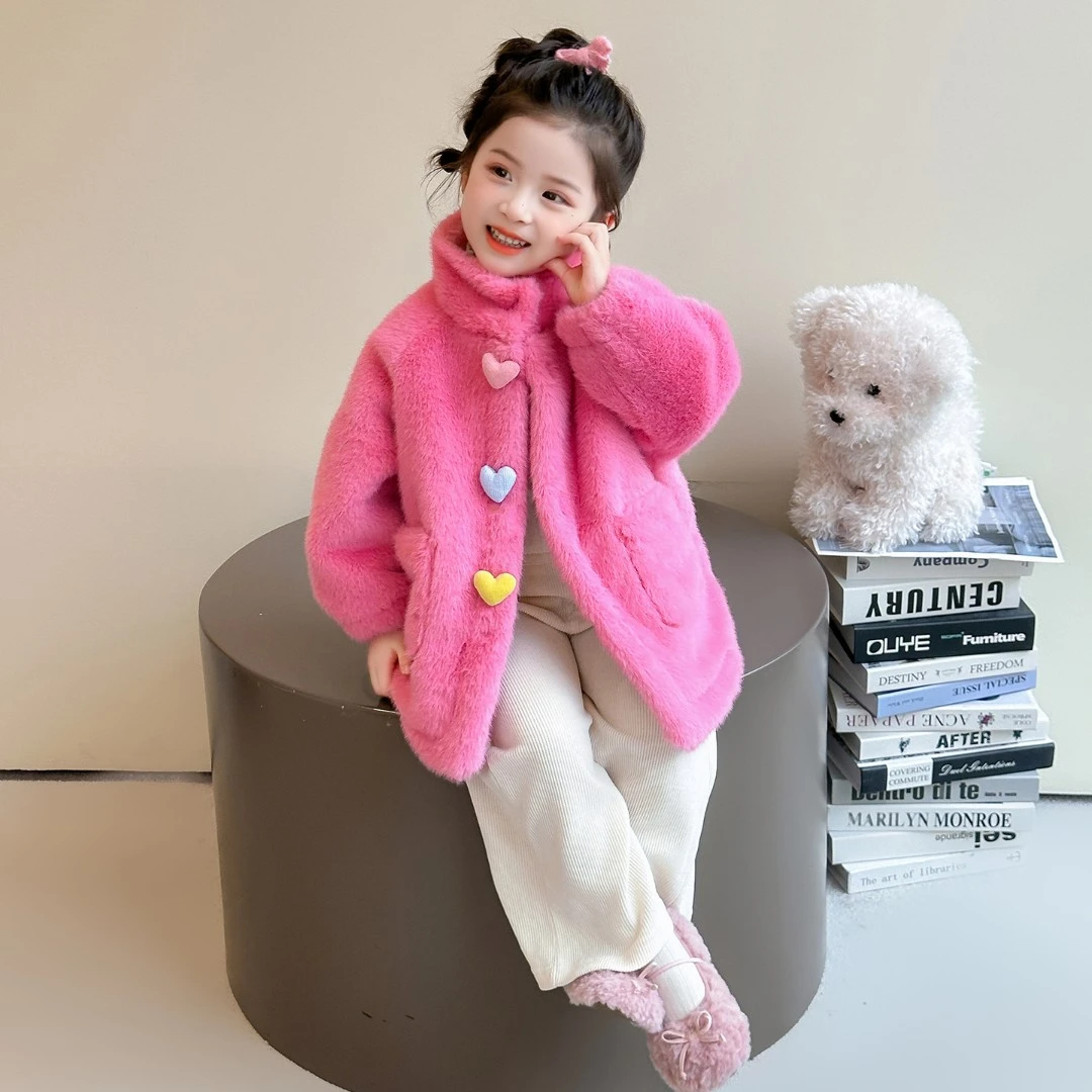 女童毛毛衣秋冬季儿童中长款加绒加厚大衣洋气小女孩仿水貂绒外套