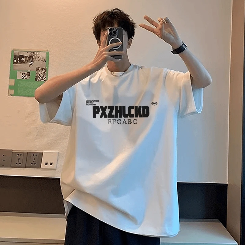 美式休闲重磅纯棉短袖t恤男生夏季潮牌字母印花宽松百搭圆领上衣