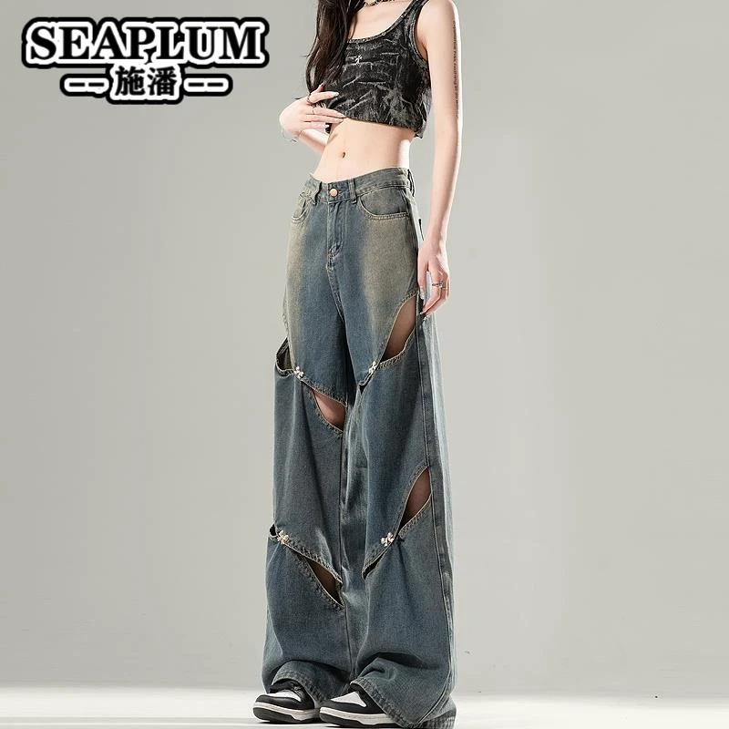 SEAPLUMSEAPLUM美式高街复古牛仔裤女夏季薄款宽松直筒显瘦镂空设