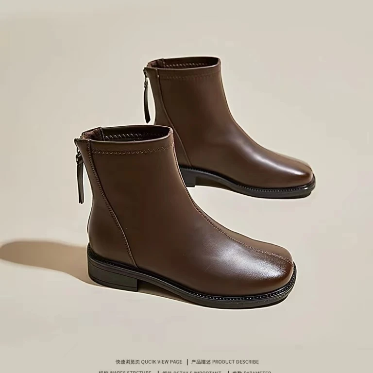 秋冬新款韩版通勤瘦瘦简约粗跟裸靴短靴95-3192(薄绒)