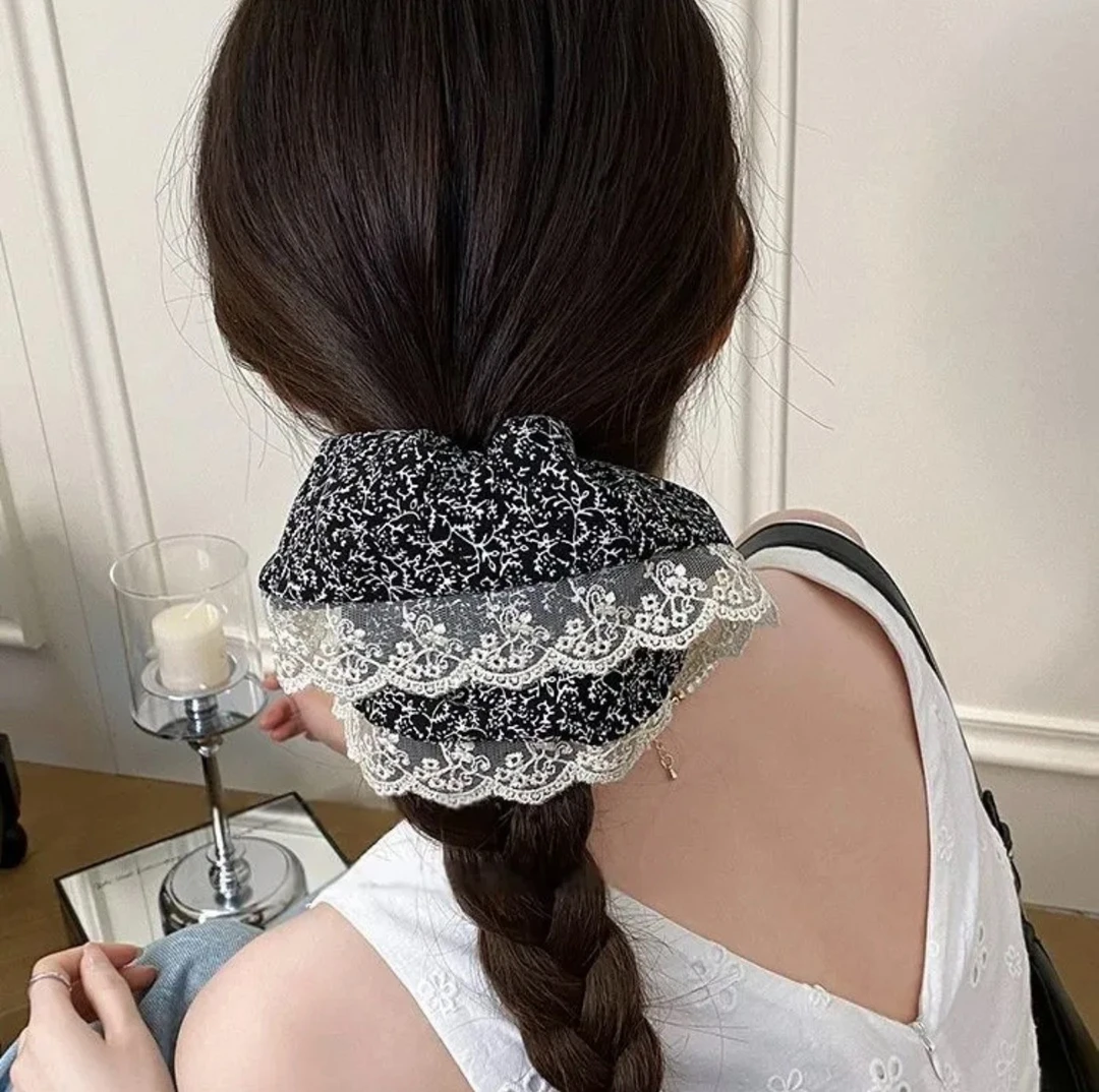 法式高级感碎花蕾丝大肠发圈女复古气质多层头绳时尚百搭发绳发饰
