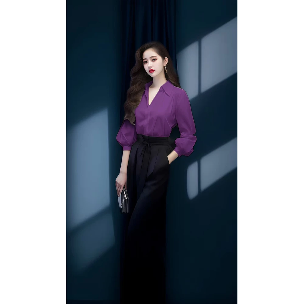今年流行漂亮法式小众别致高级感紫色长袖衬衫上衣裤子套装春季