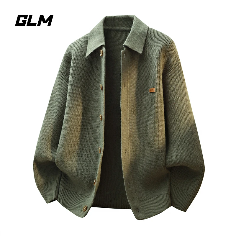 GLM秋冬季新款翻领纽扣高级定织休闲宽松潮流男士开衫毛衣针织衫
