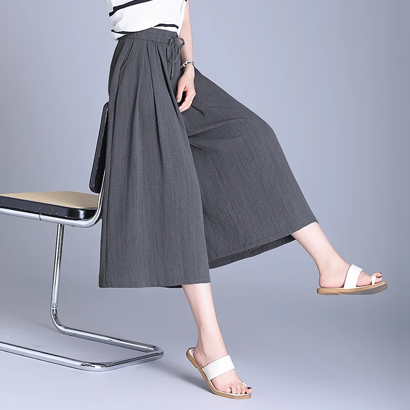 棉麻大裤腿阔腿裤七分裤夏季裙裤垂感薄款休闲宽松直筒九分裤