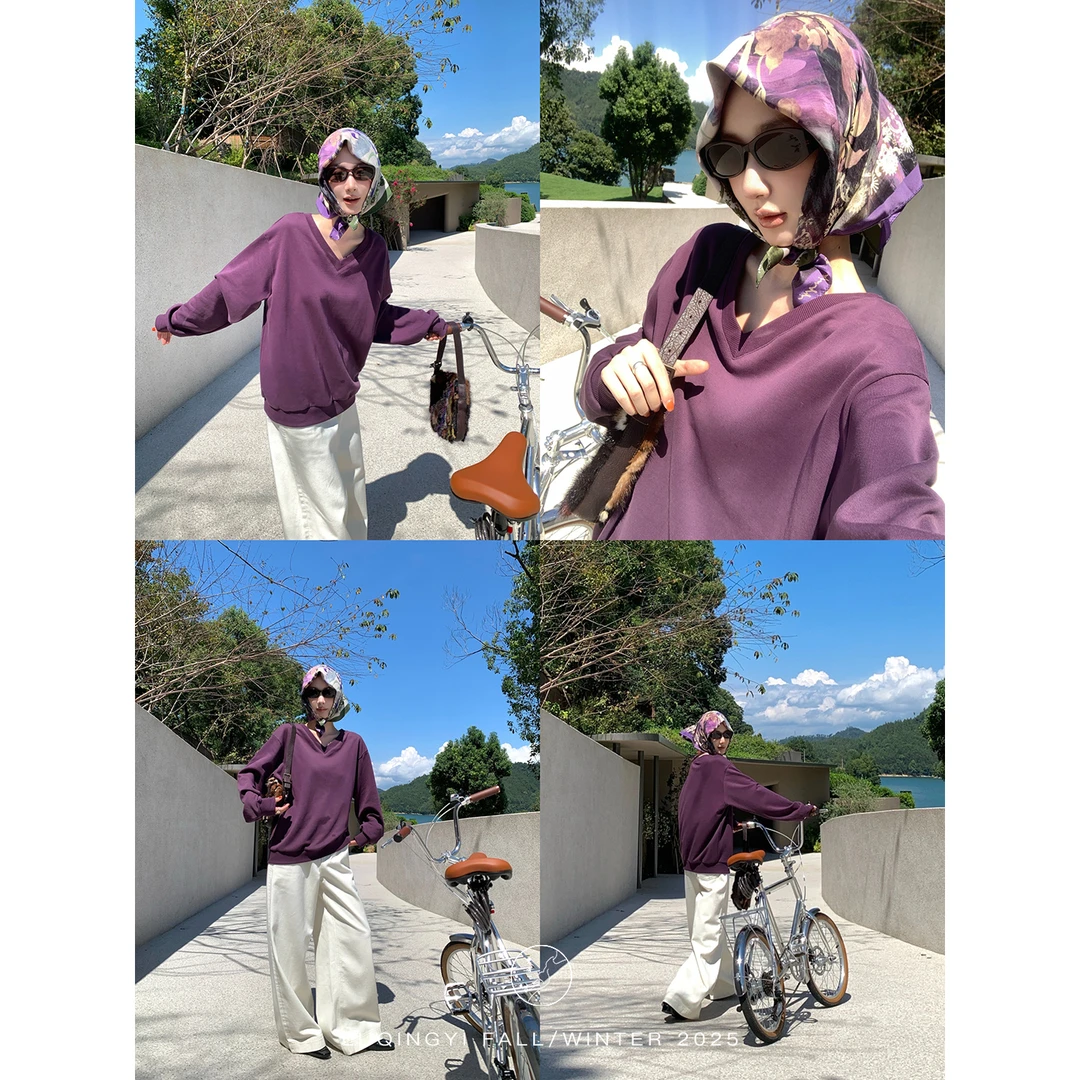 鹭青一【回甘9.22 20:00新品】高棉舒适复古V领宽松卫衣女L25Z2251N