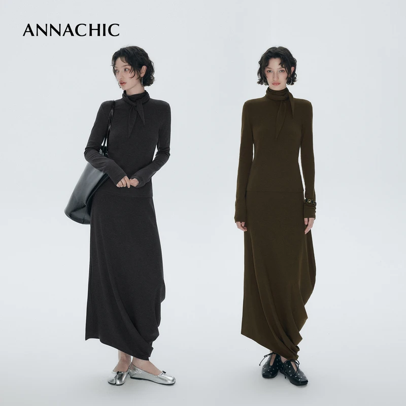 ANNACHIC时髦懒人_高领系带长袖T恤+不规则扭结开叉半身裙两件套