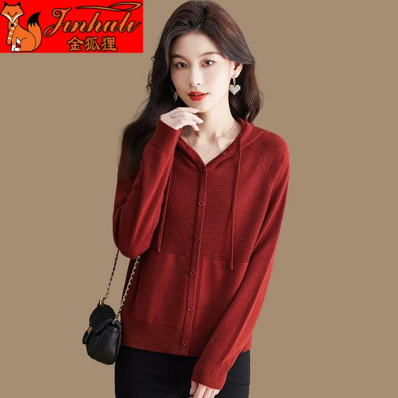 金狐狸连帽套头毛衣羊毛衫女秋冬款新款宽松针织短款宽松上衣女