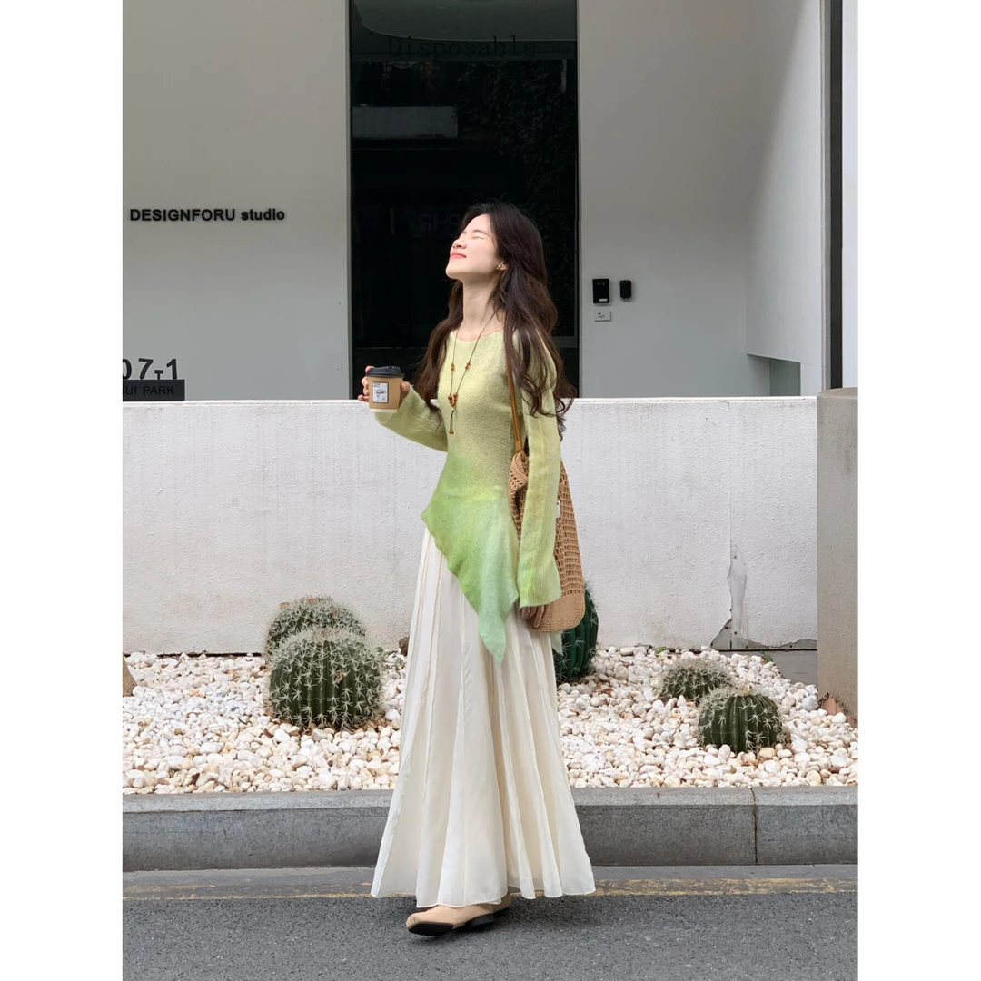 不规则渐变针织衫鱼尾半身裙套装女春季新款气质高级感甜美两件套