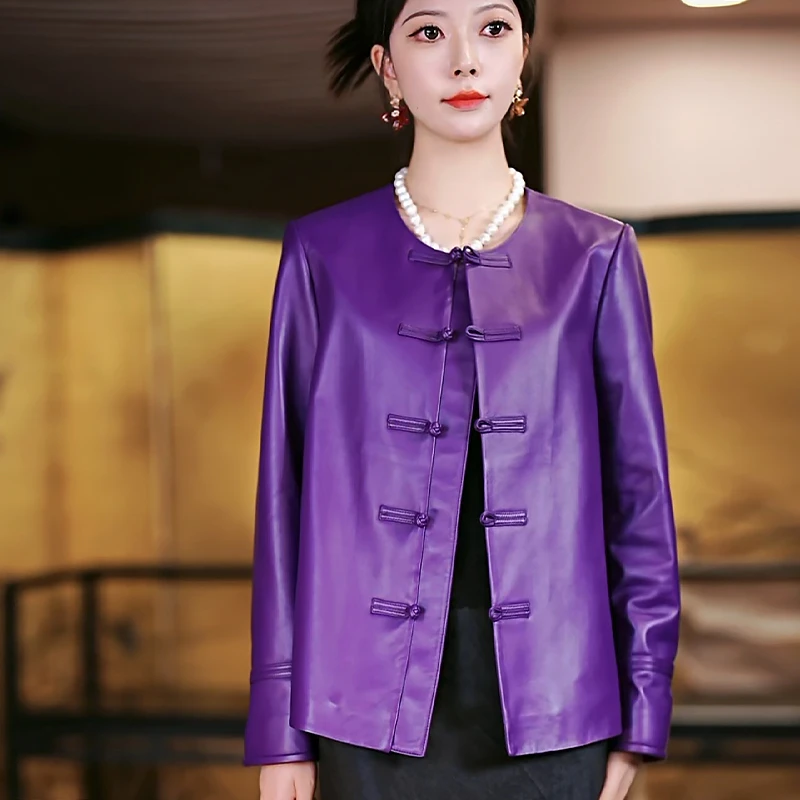 复古日记“安素”荔枝纹小羊皮一字打籽扣通国风皮衣外套25EW671