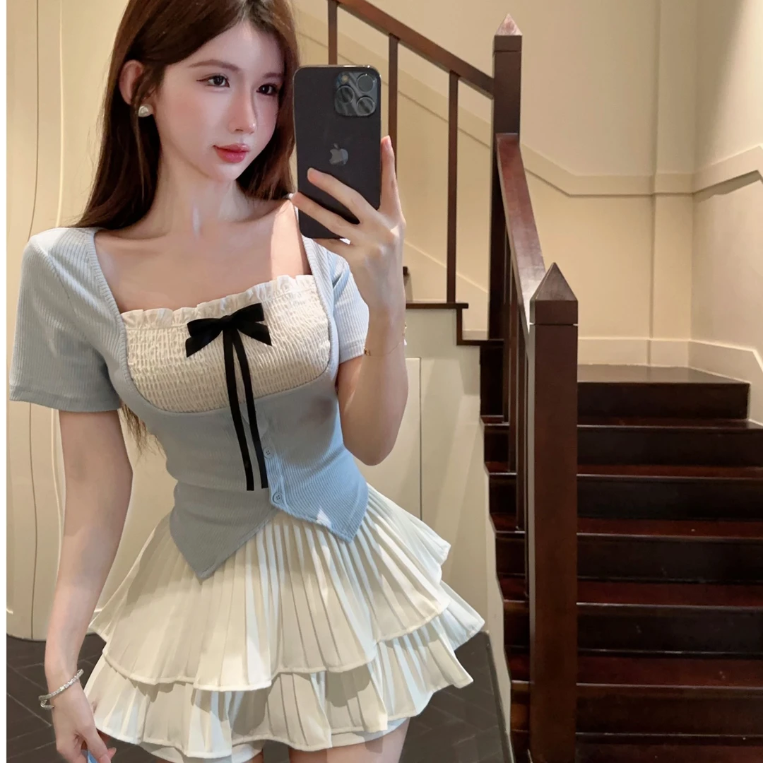 微胖mm辣妹纯欲蝴蝶结方领短袖T恤女夏季大码修身显瘦芭蕾风上衣