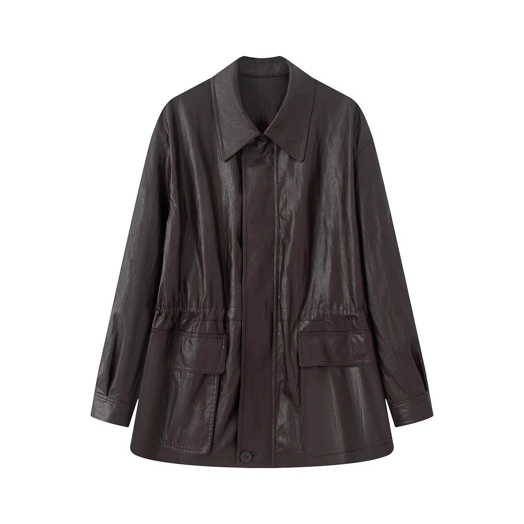 【艾家】商场同款2025秋新款百搭显瘦翻领长袖皮衣女休闲皮外套3029