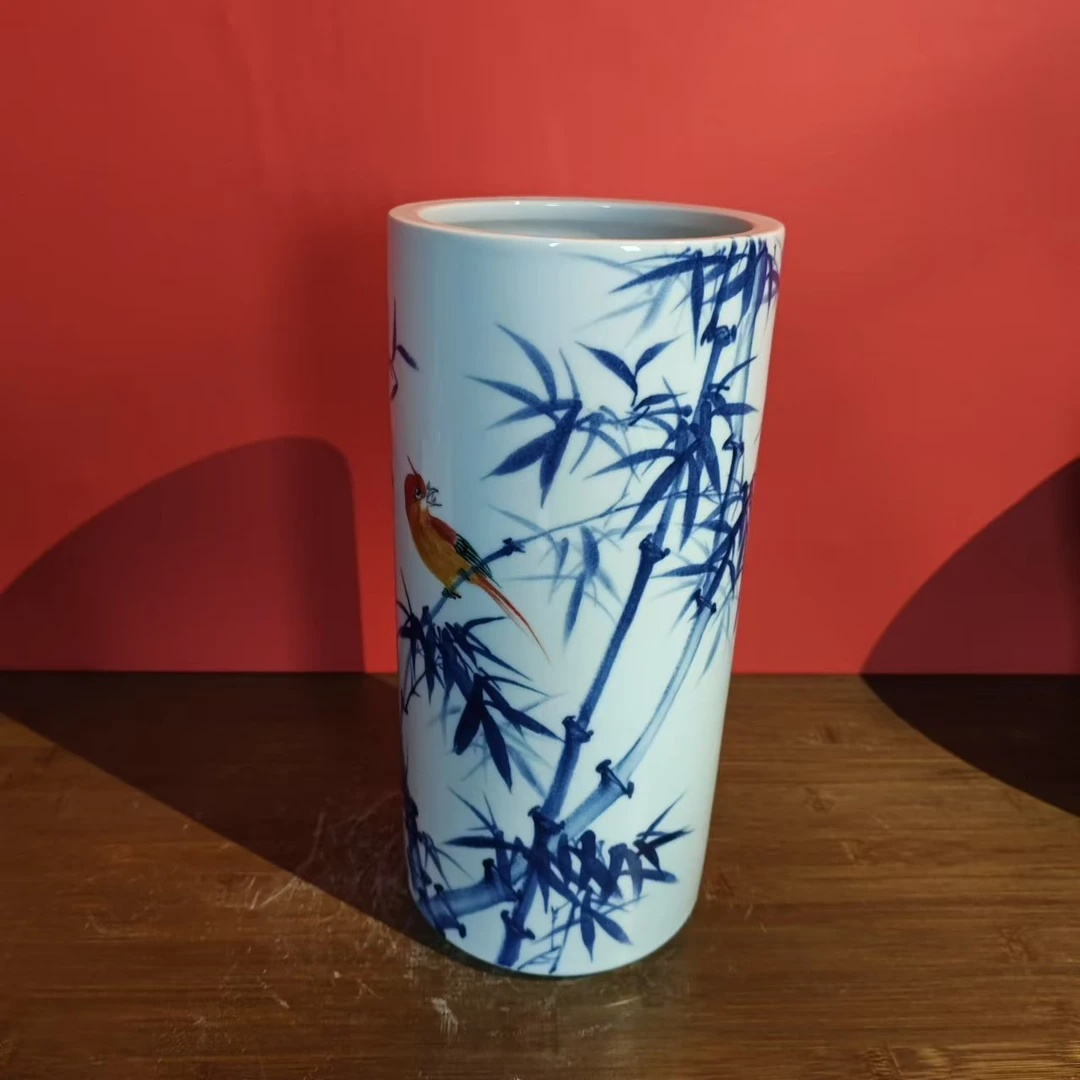 22 景德镇陶瓷花瓶手工手绘釉下青花竹子冒筒箭筒