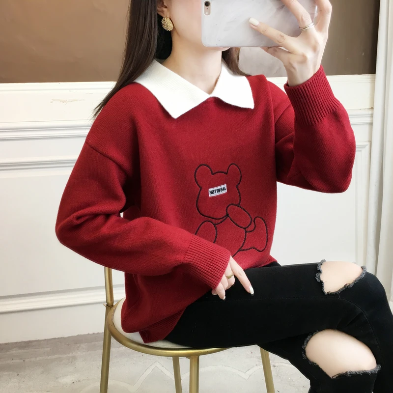 秋季2025年新款娃娃领假两件上衣女士毛衣秋冬装加厚爆款内搭新年