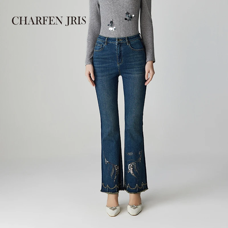 CHARFEN朝峰春季新款时尚复古修身刺绣牛仔裤FJF1A660-6107P