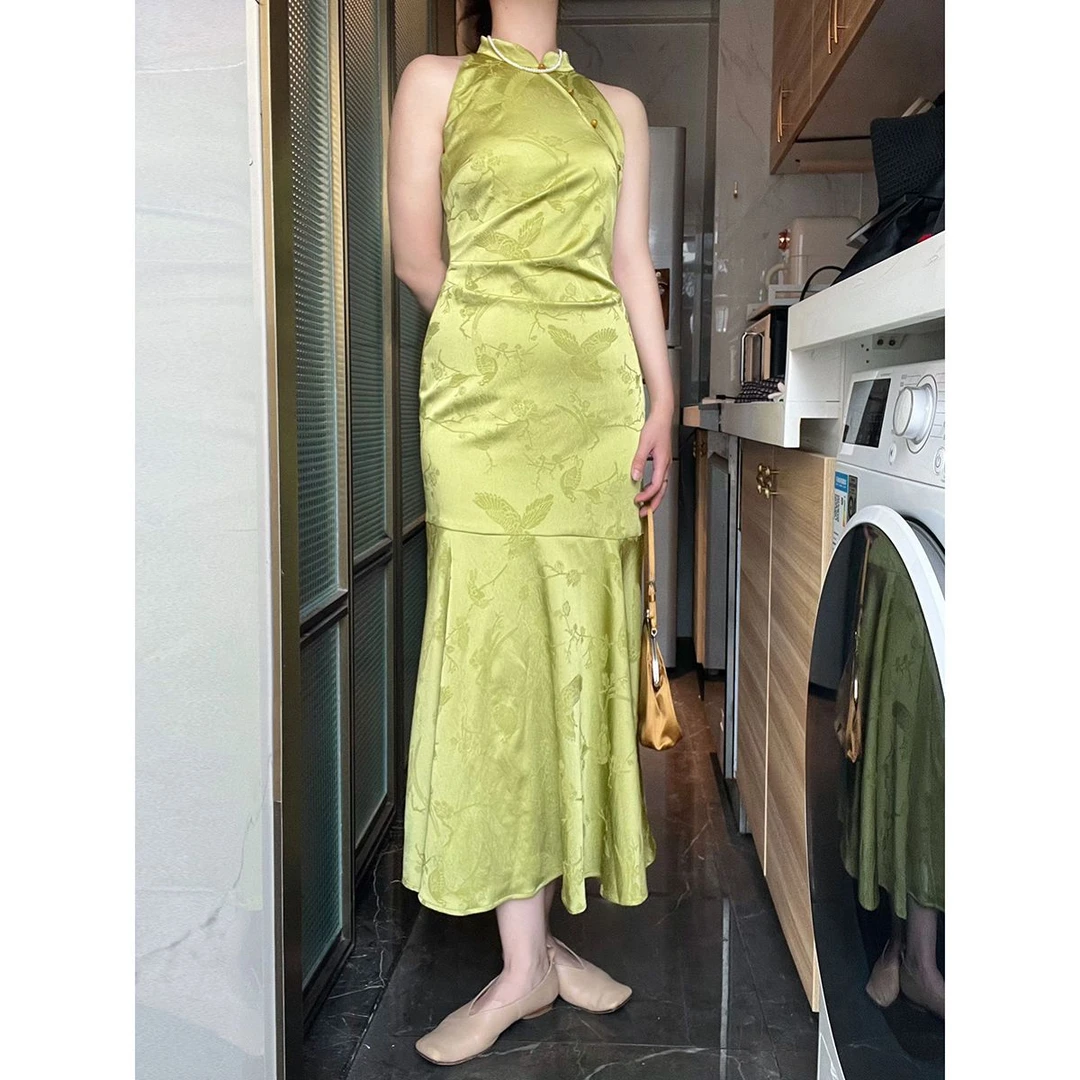 新中式国风复古改良旗袍御姐名媛风高端精致提花无袖鱼尾连衣裙夏