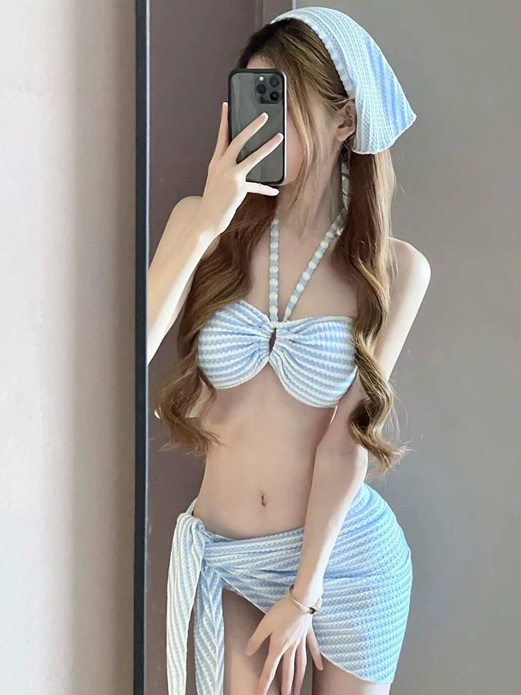 新款比基尼三件套挂脖绑带多巴胺泳衣性感海边沙滩裙拍照度假温泉