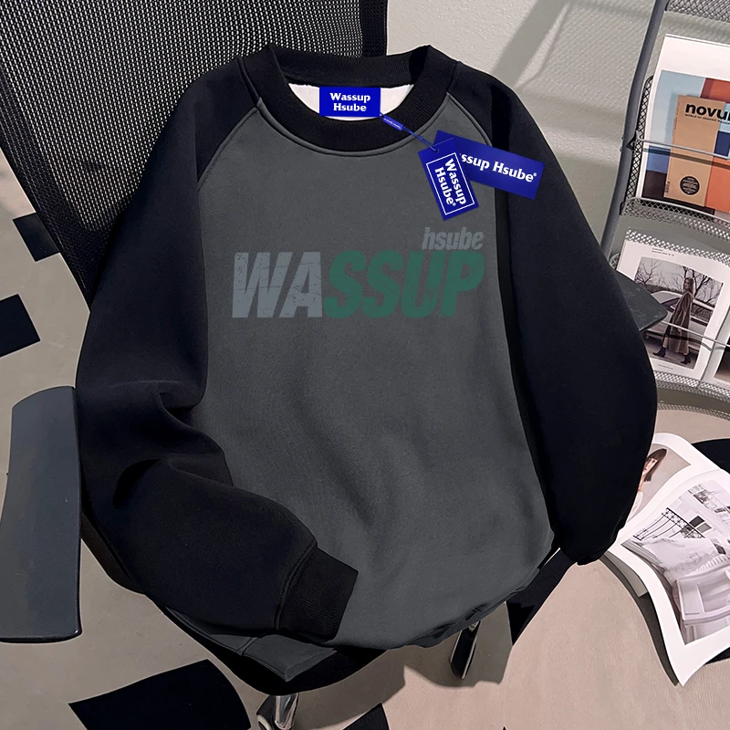 WASSUP HSUBE美式复古撞色拼接秋季卫衣男士重磅潮流宽松休闲上衣